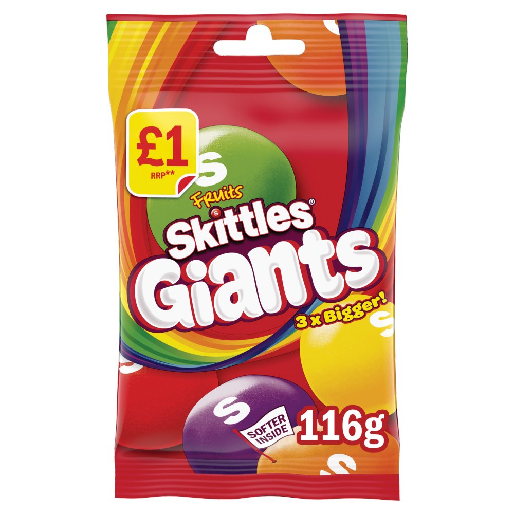 Skittles Giants Vegan Chewy Sweets Fruit Flavoured Treat Bag 116g