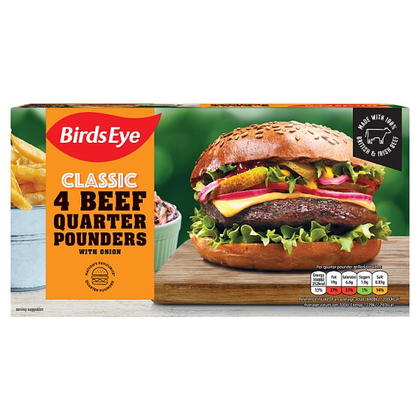 Birds Eye 4 Classic Beef Quarter Pounder Burgers with Onion 454g