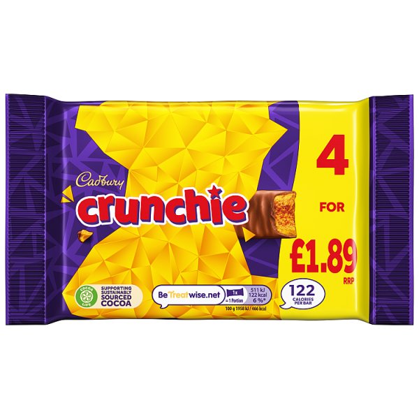 Cadbury Crunchie Chocolate Bar 4 Pack Multipack 104.4g