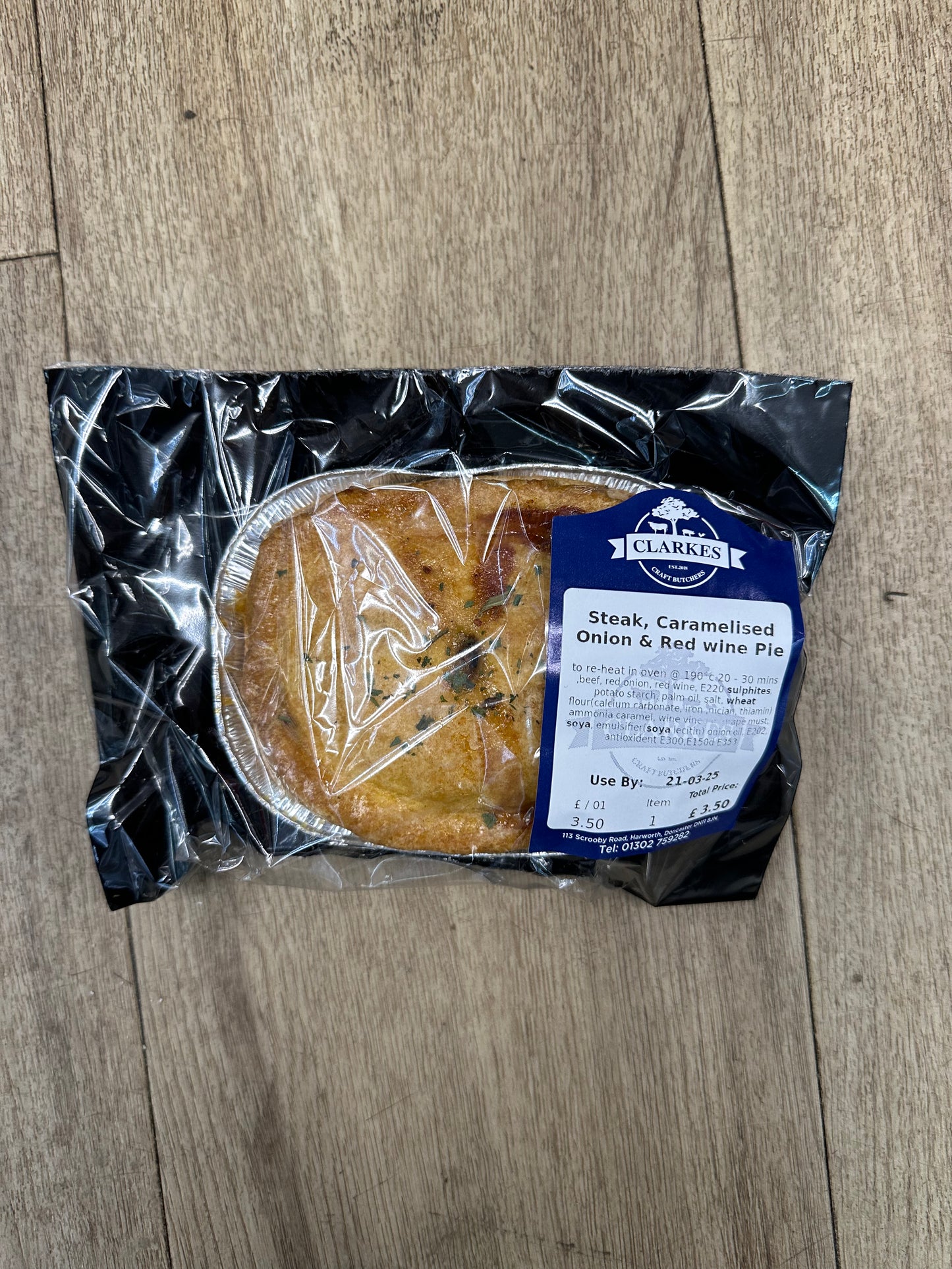 Clarkes Butchers Steak, Caramelised Onion & Red Wine Pie