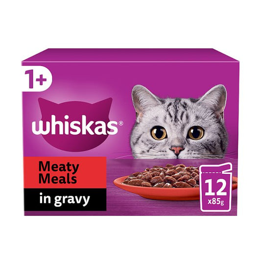 Whiskas 1+ Meaty Meals Adult Wet Cat Food Pouches in Gravy 12x85g